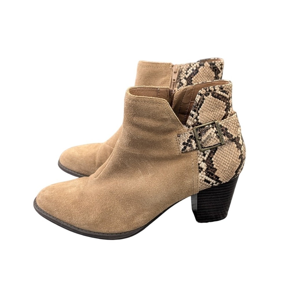 Vionic Naomi Snake Ankle Boot Womens 10 Beige Suede Side Zip Heel Comfort Casual